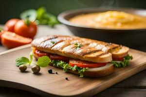 une sandwich avec tomate, salade et fromage sur une en bois Coupe planche. généré par ai photo