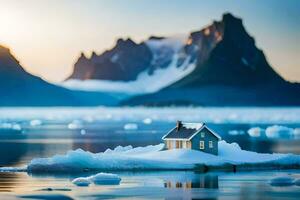 une petit maison est assis sur un iceberg dans le milieu de le océan. généré par ai photo