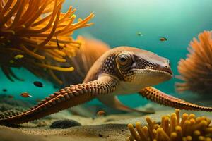 une mer tortue nager dans le océan avec un anémone. généré par ai photo