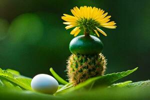 une blanc Oeuf séance sur Haut de une Jaune fleur. généré par ai photo