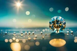 une diamant séance sur une table avec l'eau gouttelettes. généré par ai photo