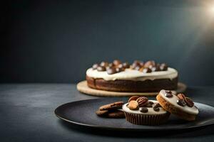 une gâteau avec Chocolat frites et des noisettes sur une plaque. généré par ai photo