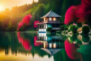 magnifique paysage avec une maison sur le Lac à le coucher du soleil. généré par ai photo