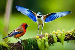 deux coloré des oiseaux sont permanent sur une branche. généré par ai photo