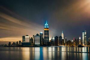 le Manhattan horizon à nuit. généré par ai photo