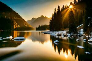 le Soleil brille plus de une Montagne Lac et neige couvert des arbres. généré par ai photo