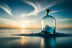 une bouteille de l'eau avec la glace flottant dans il à le coucher du soleil. généré par ai photo