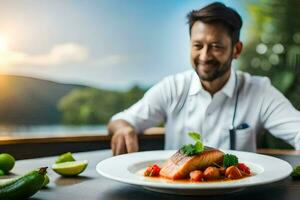 une homme dans une blanc chemise est souriant tandis que en portant une assiette de aliments. généré par ai photo