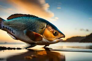 une poisson est permanent sur le plage à le coucher du soleil. généré par ai photo