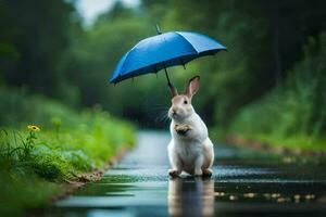 une lapin est permanent dans le pluie en portant un parapluie. généré par ai photo