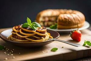 une assiette de spaghetti avec Viande et une tranche de pain. généré par ai photo