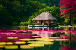 une petit cabane est assis sur le bord de une Lac avec rose fleurs. généré par ai photo