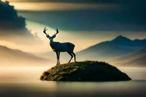 une cerf des stands sur une petit île dans le milieu de une lac. généré par ai photo