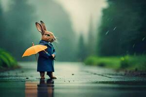 une lapin dans une bleu manteau en portant un parapluie. généré par ai photo