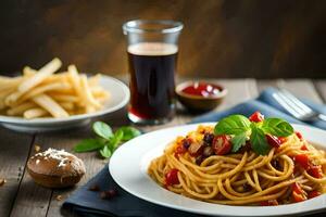 spaghetti avec tomate sauce et français frites sur une en bois tableau. généré par ai photo