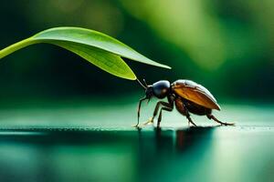 une scarabée sur une vert feuille avec une vert Contexte. généré par ai photo