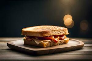 une grillé sandwich sur une en bois planche. généré par ai photo