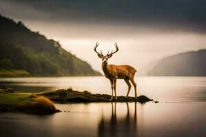 une cerf des stands sur le rive de une lac. généré par ai photo