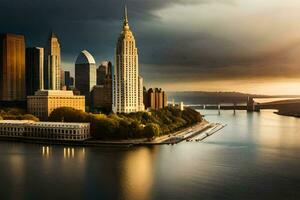 le Manhattan horizon à le coucher du soleil. généré par ai photo