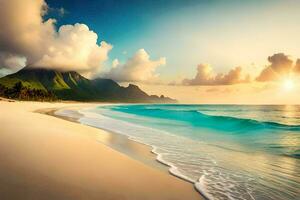 le Soleil monte plus de le océan et montagnes dans cette magnifique plage scène. généré par ai photo