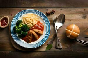 une assiette avec spaghetti, brocoli et des œufs sur une en bois tableau. généré par ai photo