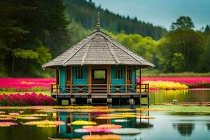 une belvédère est assis sur le bord de une Lac entouré par fleurs. généré par ai photo