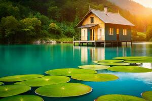 le maison sur le lac. généré par ai photo