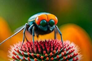 une mouche avec gros yeux sur Haut de une fleur. généré par ai photo
