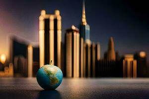 une globe séance sur une table dans de face de une ville. généré par ai photo