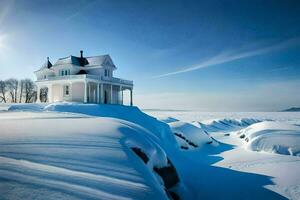 une blanc maison est assis sur Haut de une neigeux colline. généré par ai photo