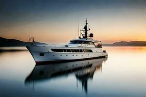 une yacht est amarré à le coucher du soleil sur le l'eau. généré par ai photo