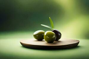 Olives sur une en bois plaque. généré par ai photo