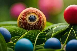 coloré des œufs sur une vert feuille. généré par ai photo