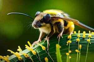 une abeille avec grand noir yeux séance sur une vert feuille. généré par ai photo