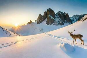 une cerf des stands sur le neige dans de face de montagnes. généré par ai photo