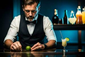 une barman en train de préparer une cocktail. généré par ai photo