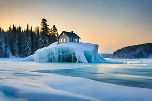 une maison sur un iceberg dans le milieu de une lac. généré par ai photo