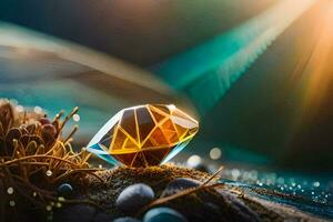 une diamant est séance sur le sol avec certains rochers. généré par ai photo