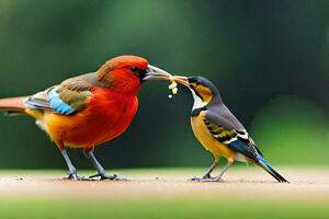 deux coloré des oiseaux permanent sur le sol avec aliments. généré par ai photo