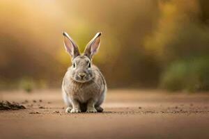 une lapin est séance sur le sol dans de face de une floue Contexte. généré par ai photo