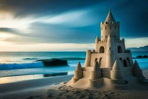 une le sable Château sur le plage à le coucher du soleil. généré par ai photo