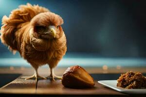 une poulet est permanent suivant à une assiette de aliments. généré par ai photo
