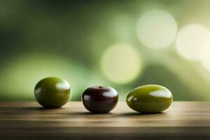 Trois vert Olives et un rouge Pomme sur une en bois tableau. généré par ai photo