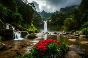 cascade, fleurs, vert, montagnes, pluie, des nuages, forêt tropicale, forêt tropicale cascade. généré par ai photo