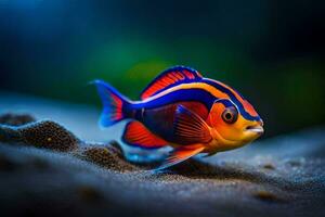 une coloré poisson avec bleu et Orange rayures. généré par ai photo