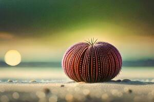 une cactus plante est assis sur le le sable avec une le coucher du soleil dans le Contexte. généré par ai photo