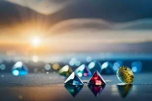 une groupe de coloré diamants sur le sol. généré par ai photo
