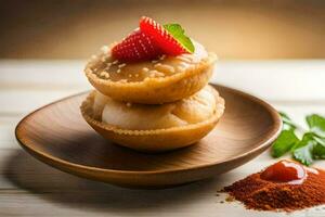 une assiette avec deux mini petits gâteaux sur il. généré par ai photo