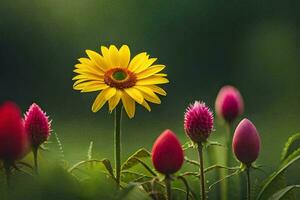 Jaune fleur, rose fleur, vert herbe, fleur, nature, la nature la photographie, la nature HD. généré par ai photo