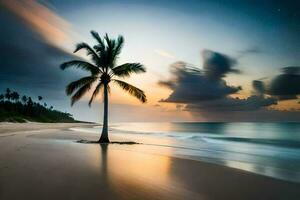 une paume arbre des stands seul sur une plage à le coucher du soleil. généré par ai photo